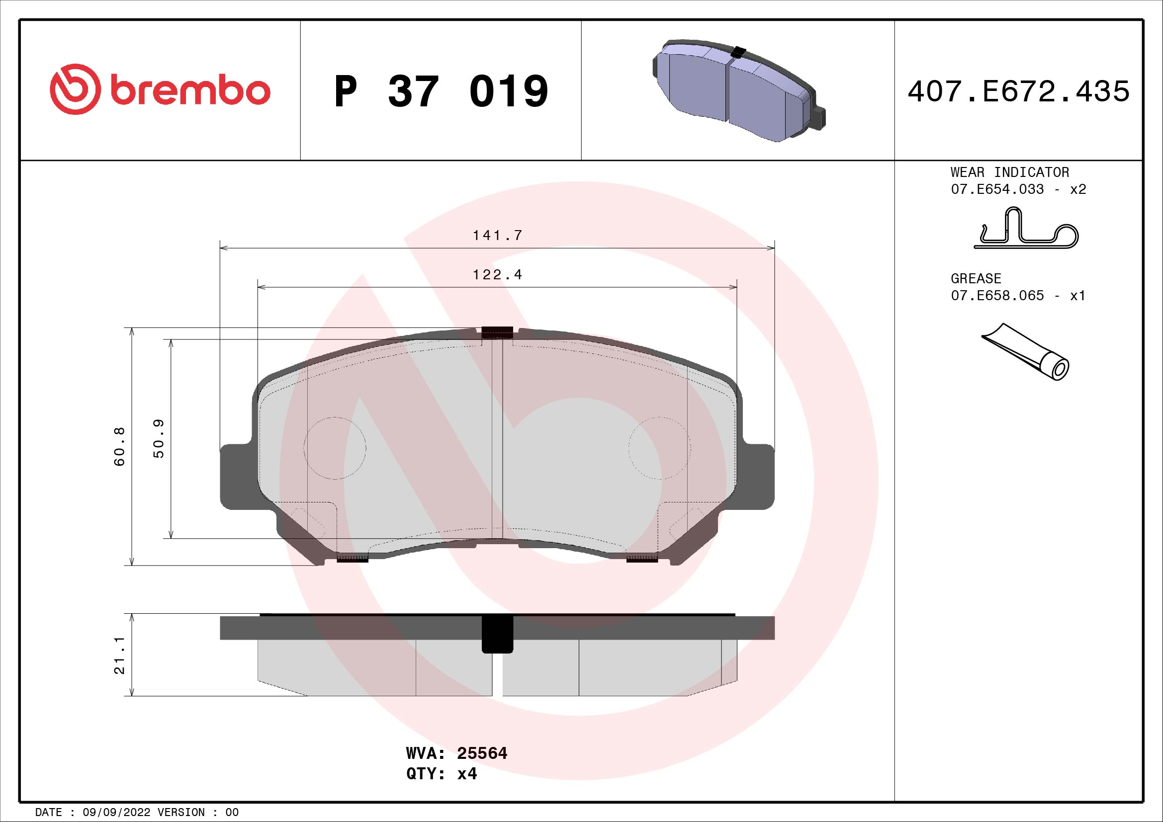 A.B.S. P 37 019 BREMBO Bremsbelagsatz, Scheibenbremse